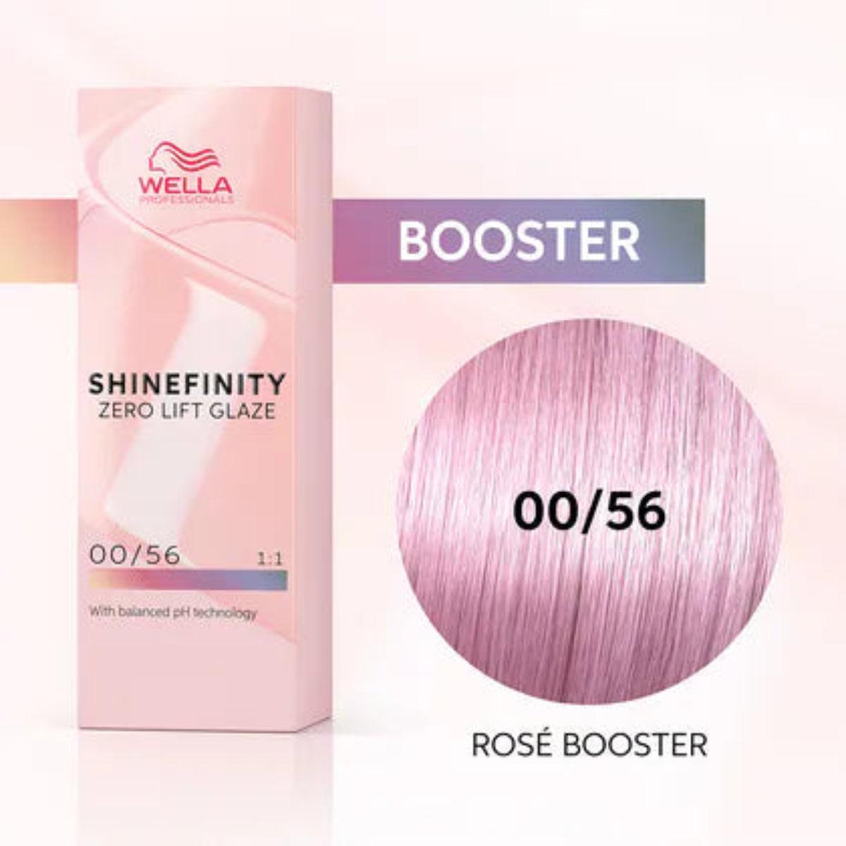 Wella Shinefinity Zero Lift Glaze Booster packaging with color 00/56 Rose Booster on a white background
