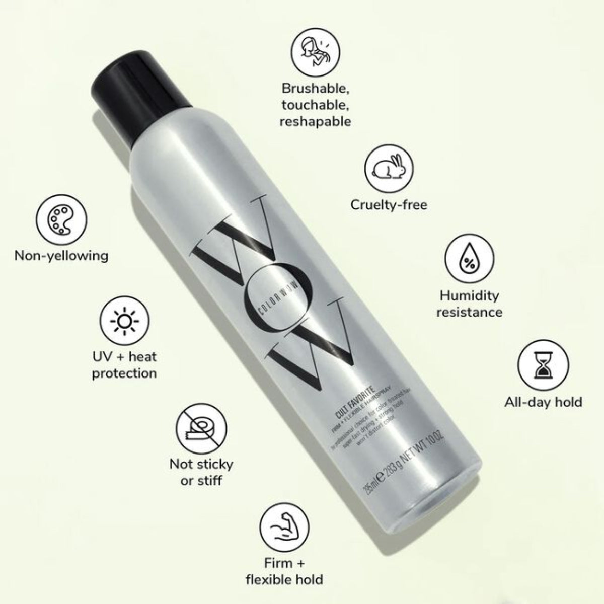Silver bottle with black cap on a beige background, featuring icons and text about product features.