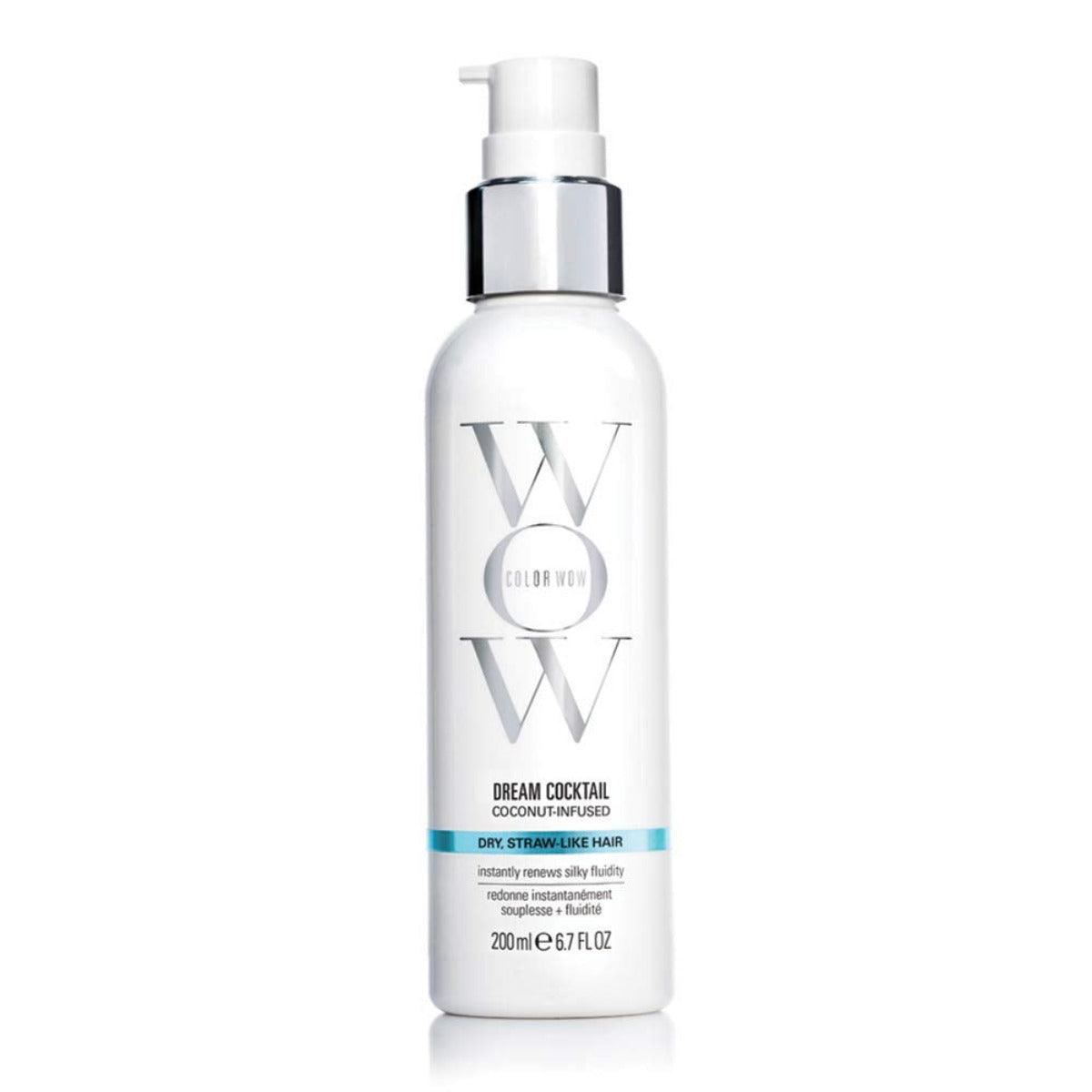 A bottle of Color WOW Dream Cocktail hair care product with a white pump dispenser and blue label on a white background.