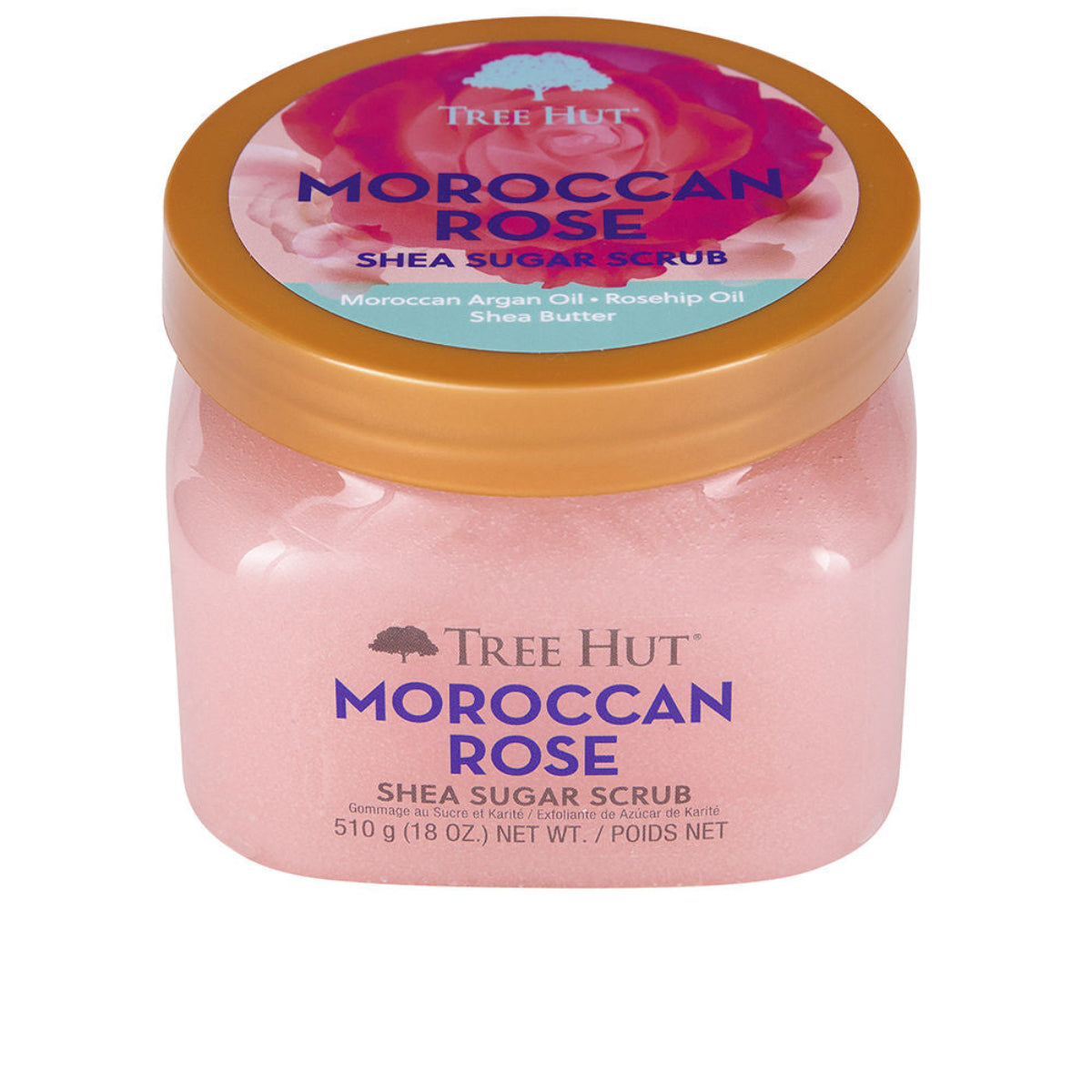 Jar of Tree Hut Moroccan Rose Shea Sugar Scrub on a white background