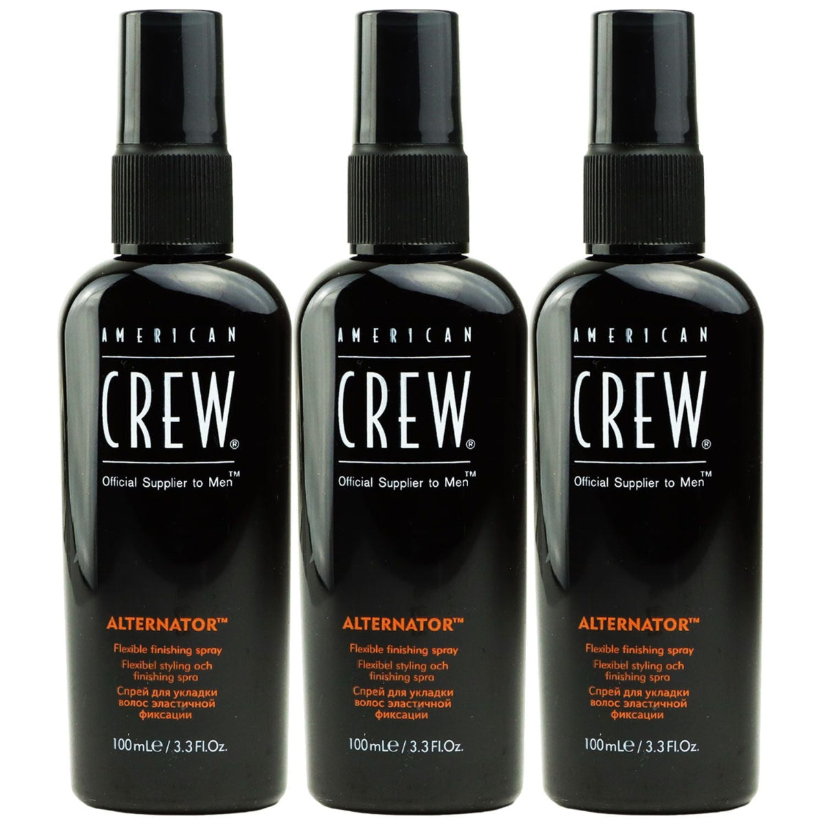 Three bottles of American Crew Alternator spray on a white background