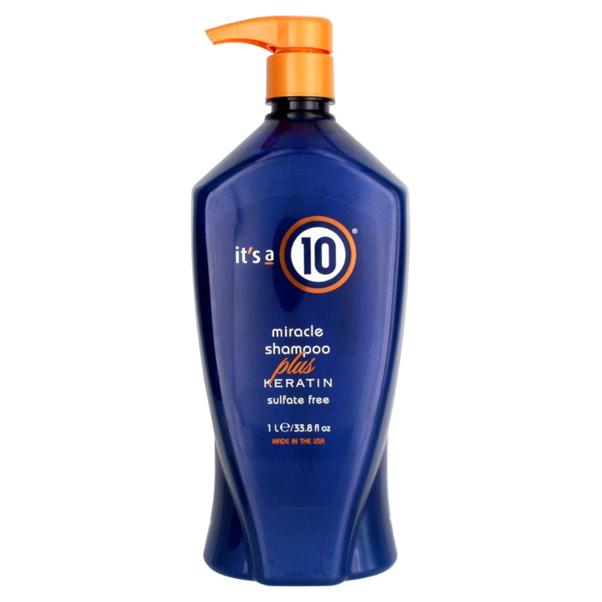 Blue shampoo bottle with orange pump labeled 'it's a 10' on a white background