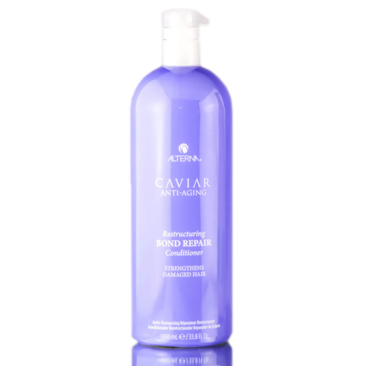 Purple conditioner bottle with white pump labeled 'Alterna Caviar' on a white background