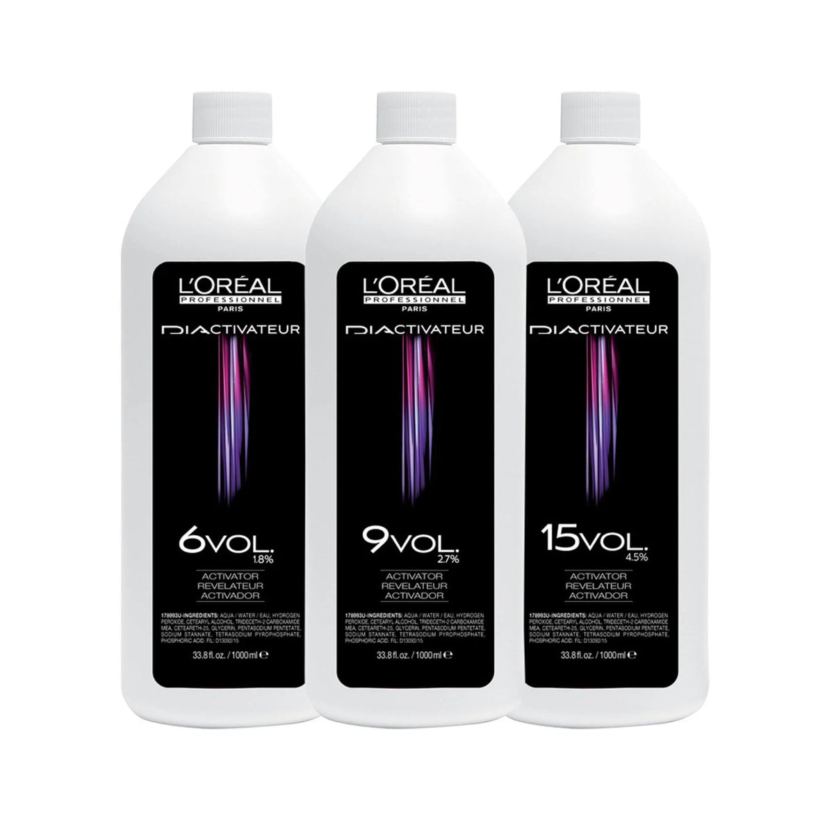 Three bottles of L'Oreal Paris Diactivateur with different vol levels on a white background