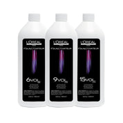 Three bottles of L'Oreal Paris Diactivateur with different vol levels on a white background