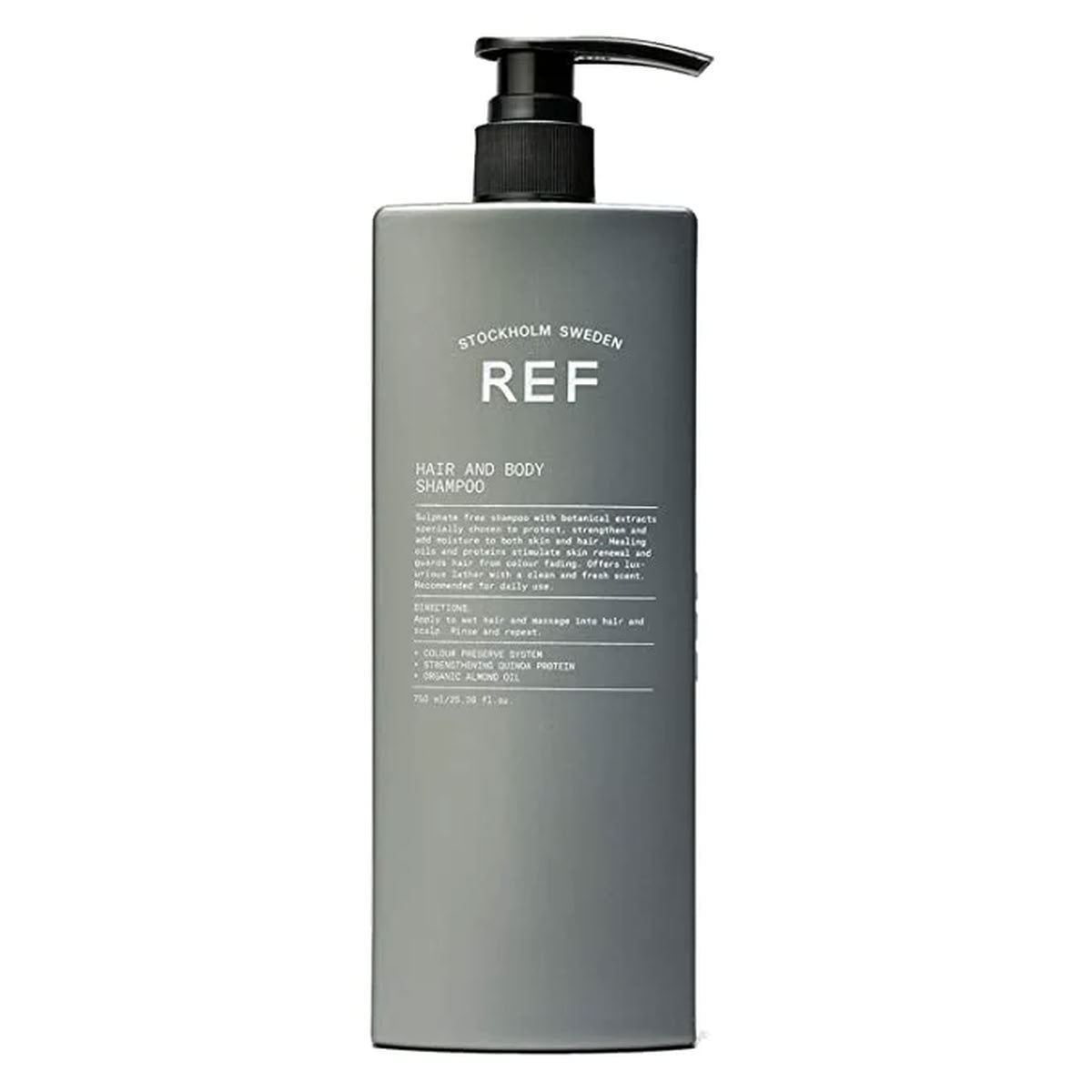 Gray shampoo bottle with pump labeled 'REF' on a white background