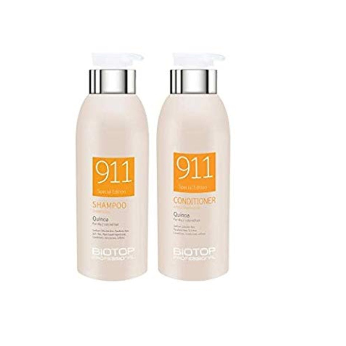 Two bottles of 911 shampoo and conditioner on a white background