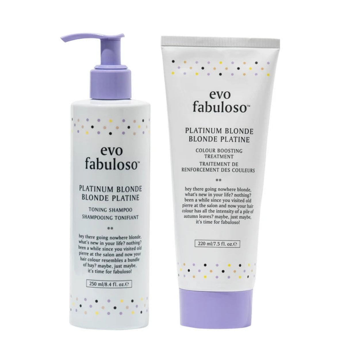 evo fabuloso platinum blonde hair care products on a white background