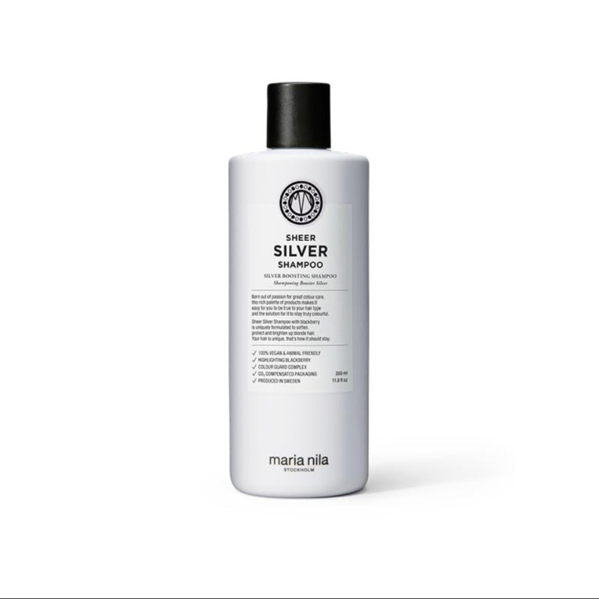 Maria Nila sheer silver shampoo bottle on a white background