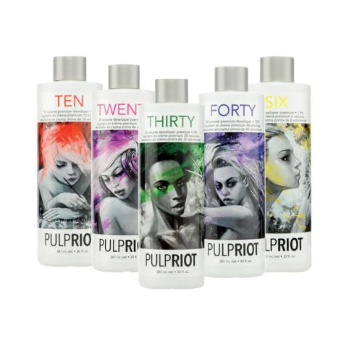 Set of Pulp Riot hair product bottles with colorful labels on a white background