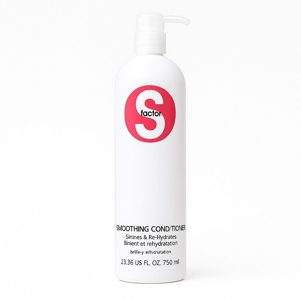 White bottle of S Factor Smoothing Conditioner on a white background