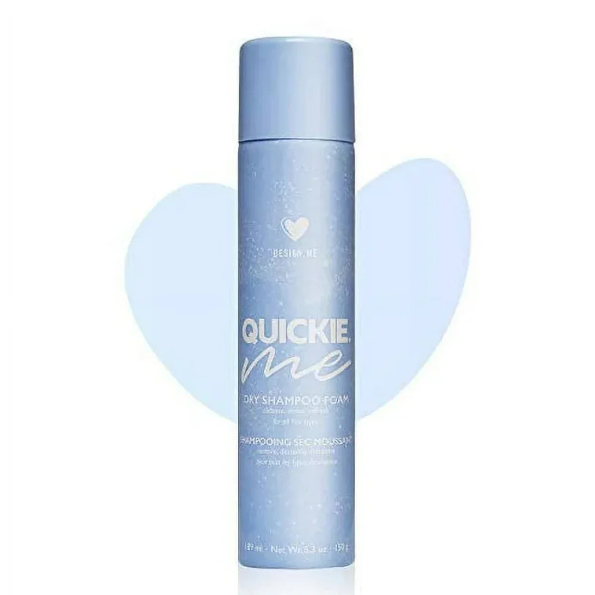 Blue bottle of 'Quickie Me' dry shampoo foam on a white background