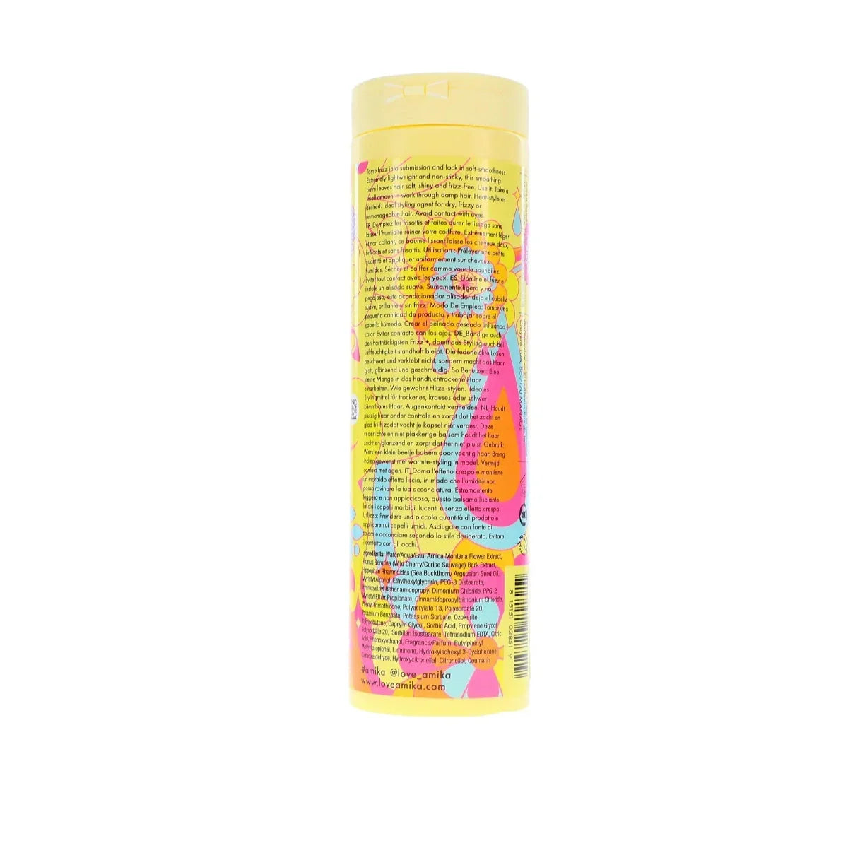 Colorful cylindrical container with text on a white background