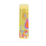 Colorful cylindrical container with text on a white background