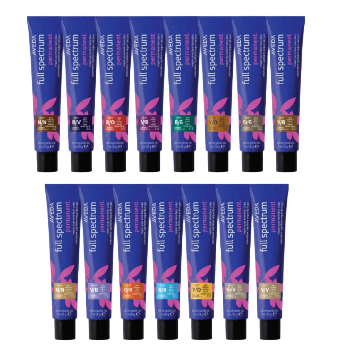 Multiple tubes of Aveda Full Spectrum Permanent Hair Color on a white background