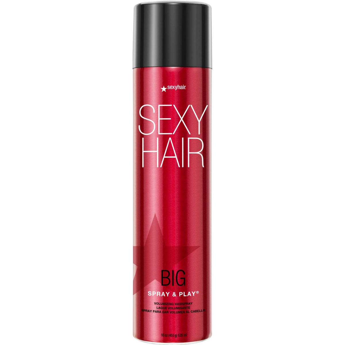 Red hair spray bottle labeled 'Sexy Hair' on a white background