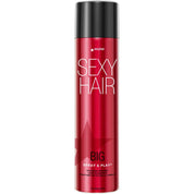 Red hair spray bottle labeled 'Sexy Hair' on a white background