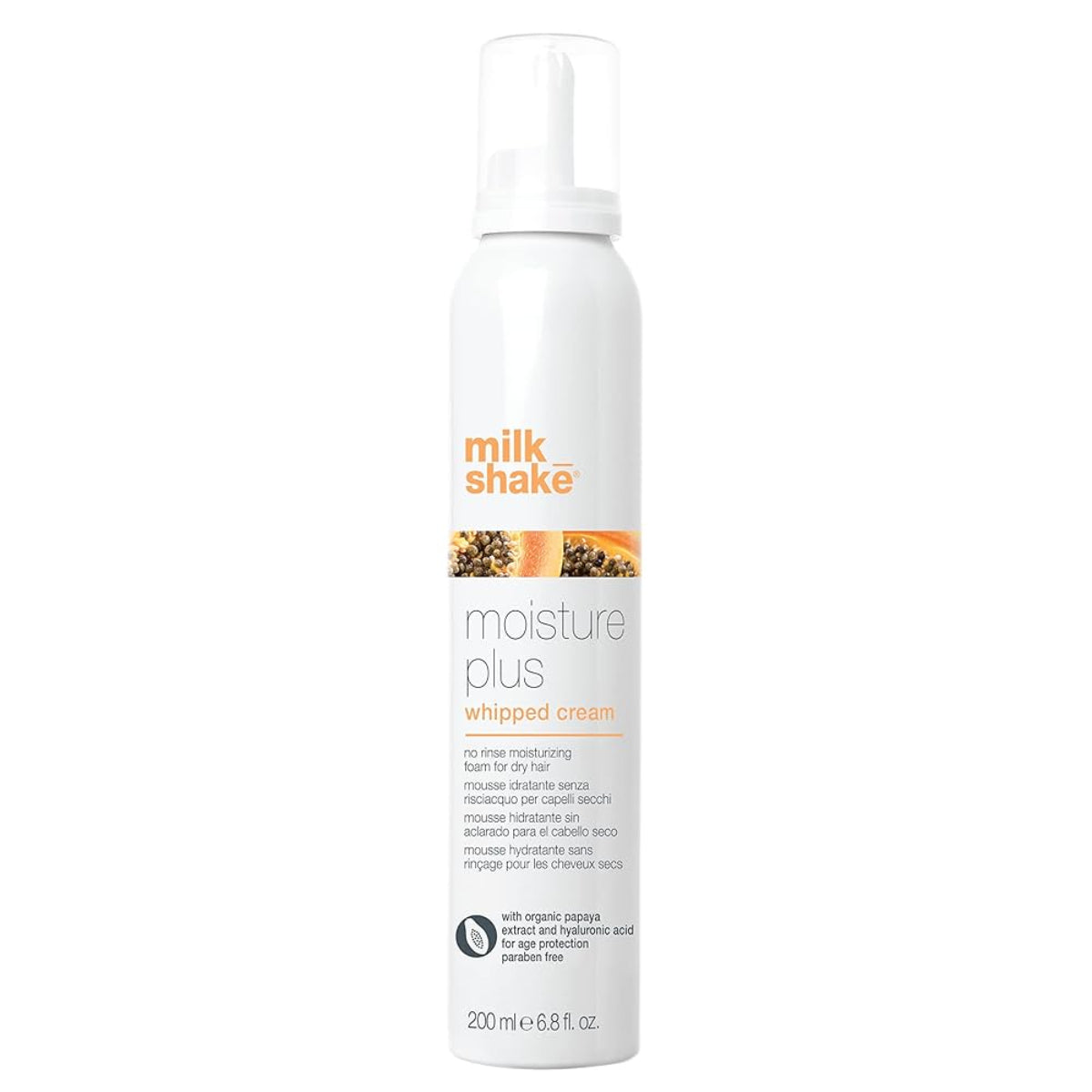 Milk Shake Moisture Plus whipped cream bottle on a white background