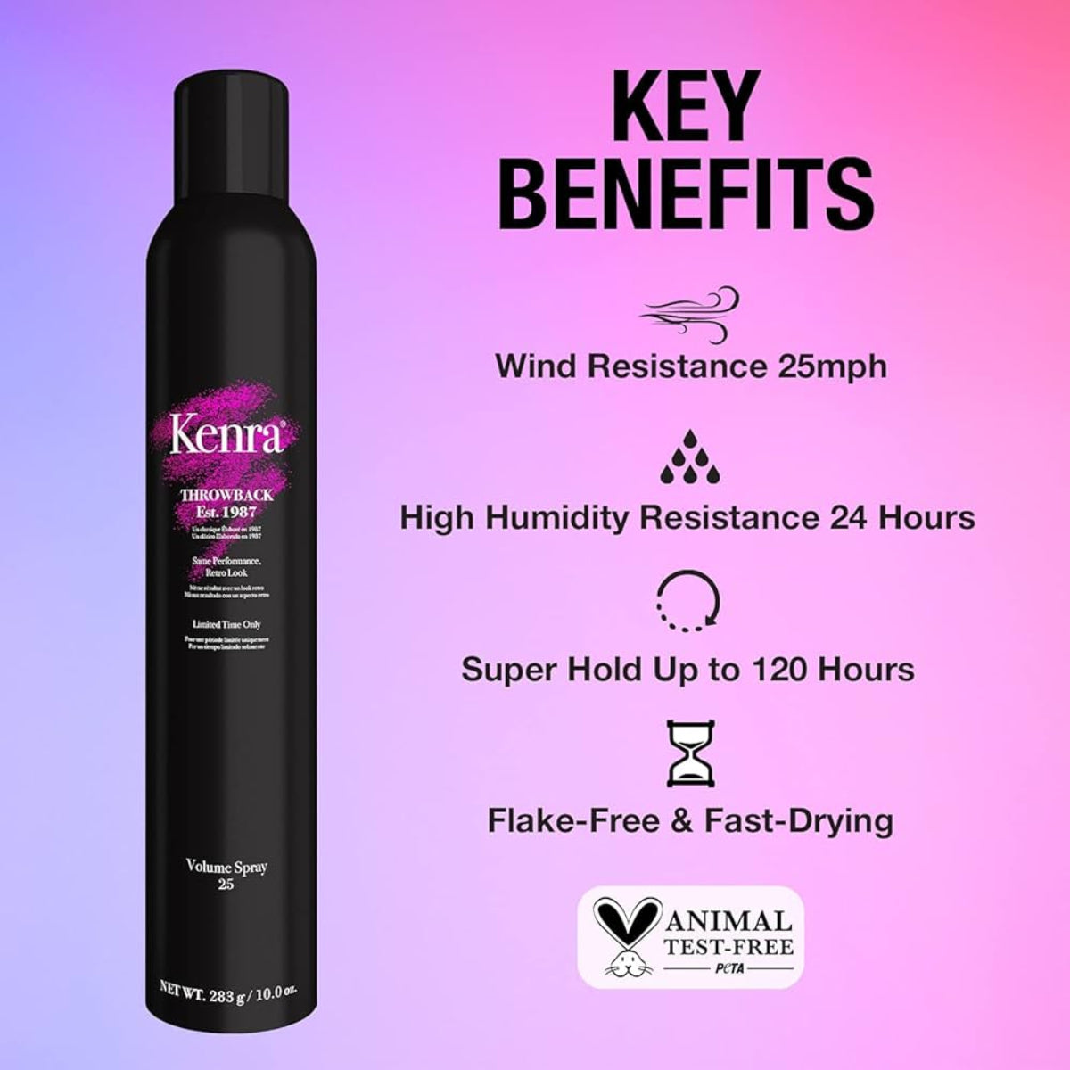 Kerra hair spray bottle with key benefits listed on a gradient purple background