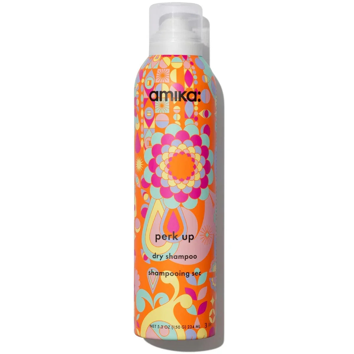 Amika dry shampoo can with colorful design on a white background