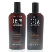 Two bottles of American Crew hair care products, one labeled as Daily Shampoo and the other as Daily Conditioner, each with a capacity of 250ml/8.4 fl oz.