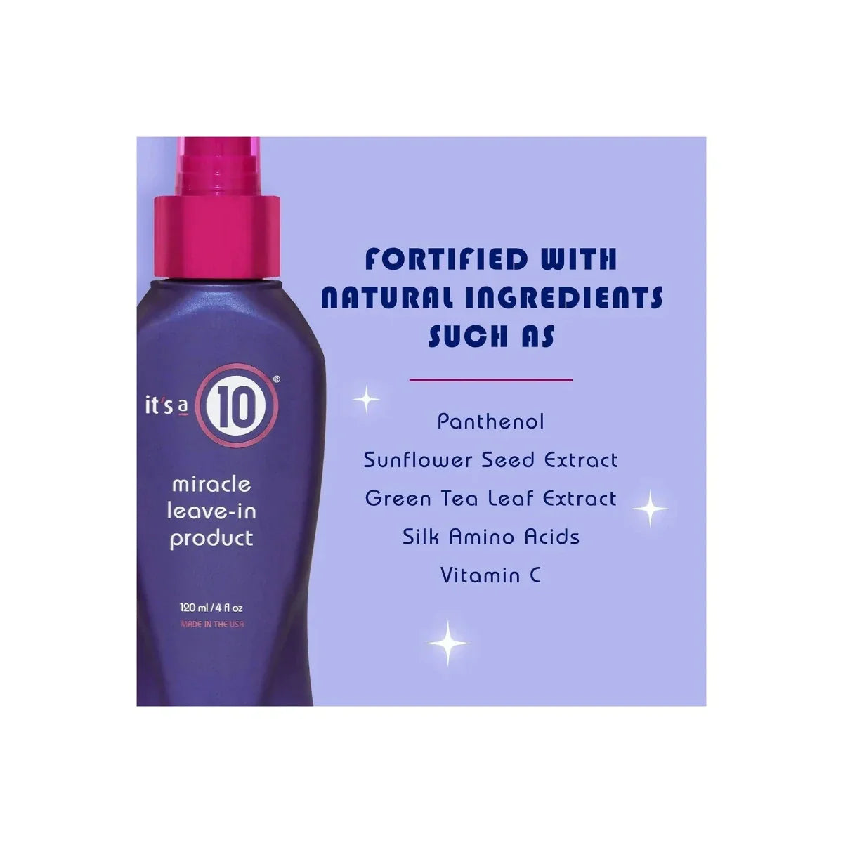 It's a 10 hair product bottle with a list of natural ingredients on a purple background