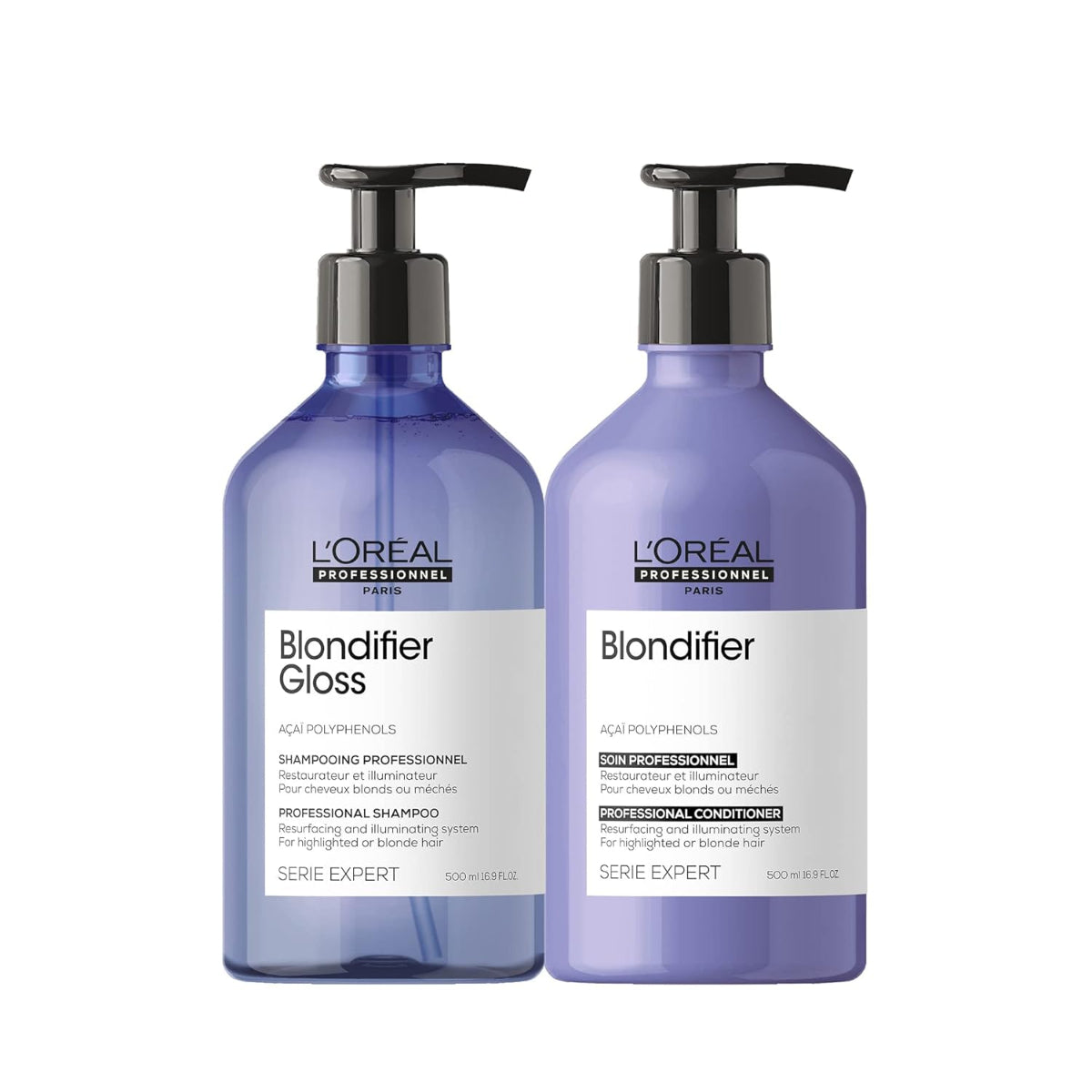 Two bottles of L'Oreal Blondifier Gloss shampoo and conditioner on a white background