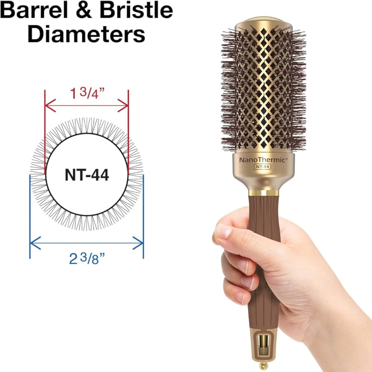 Hairbrush with measurements and 'NanoThermic' branding on a white background