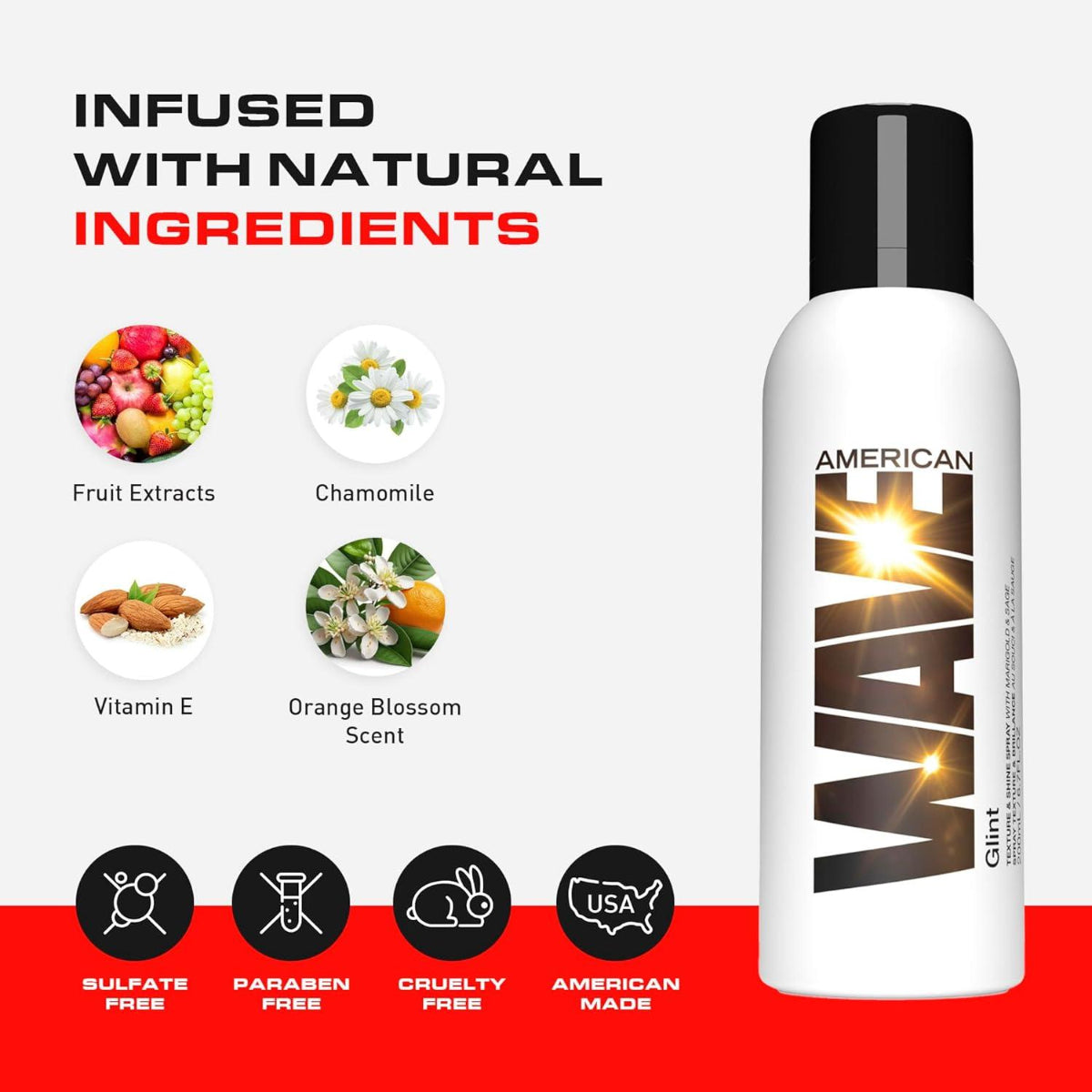 American Wave hair product with natural ingredients and benefits on a white background