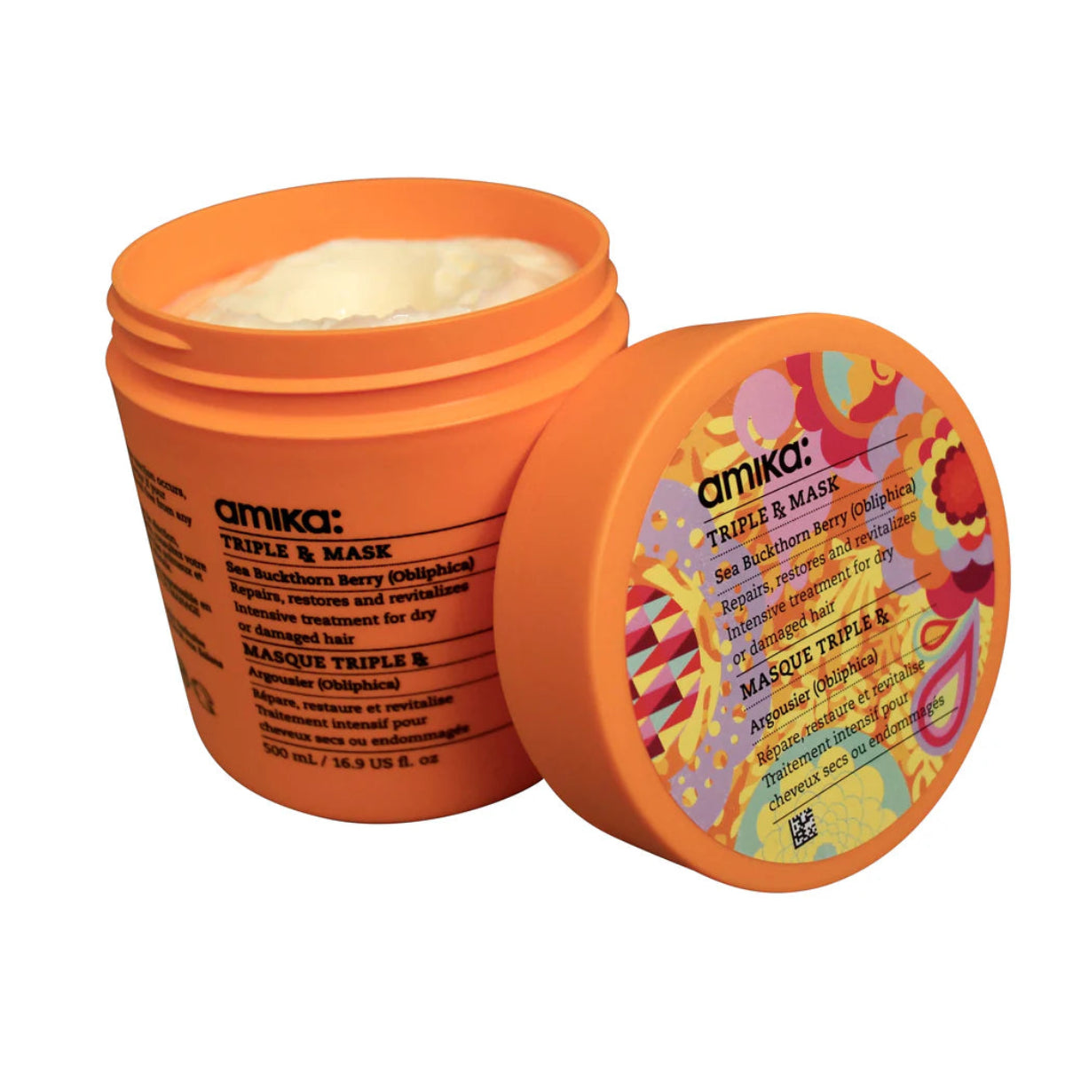Orange jar of Omika Triple & Mask hair product with colorful lid on a white background