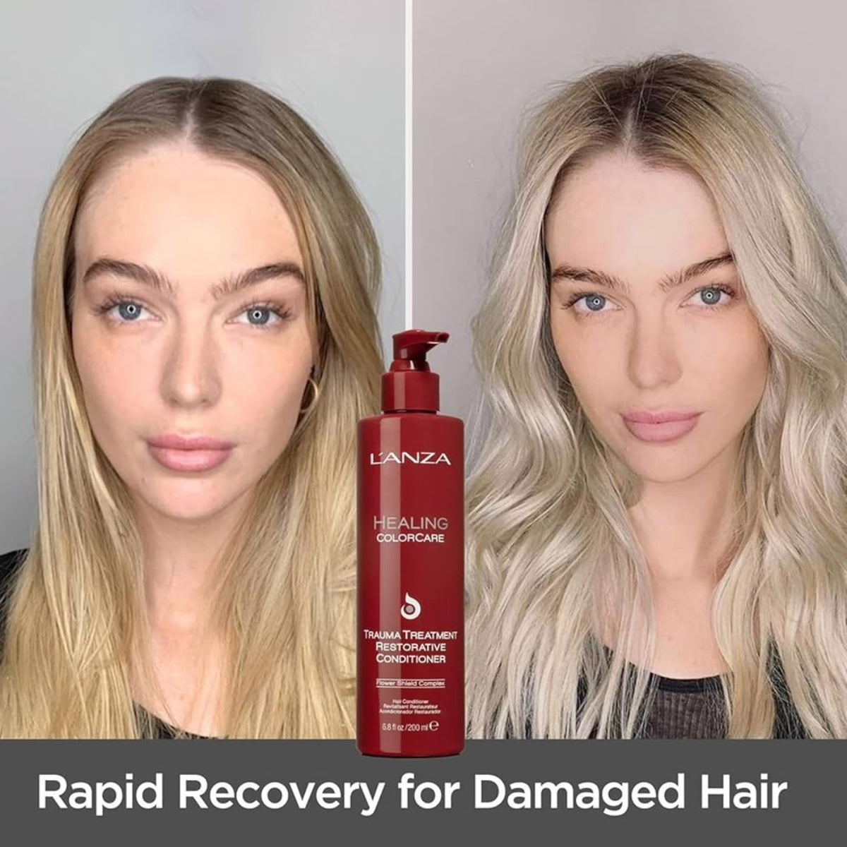 Before and after comparison of a woman's hair with L'ANZA conditioner, set against a neutral background.