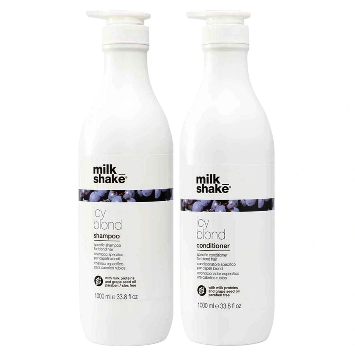 Two bottles of milk_shake icy blond shampoo and conditioner on a white background