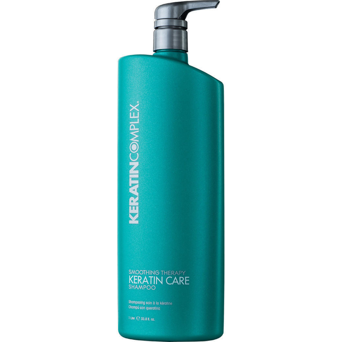 Teal shampoo bottle with pump labeled 'Keratin Complex' on a white background