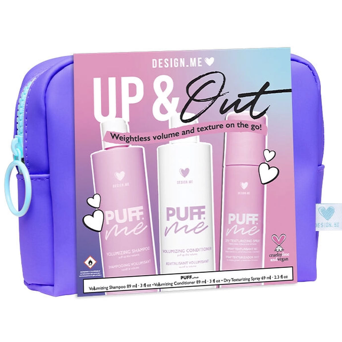 Purple travel case with 'Up & Out' hair care products on a white background