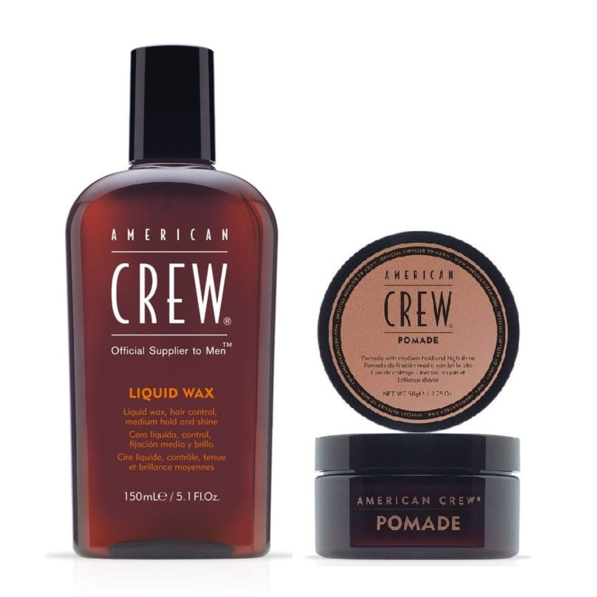 Image features two products from American Crew, including a bottle labeled 'LIQUID WAX' and a container with a 'POMADE' label, both in original packaging.