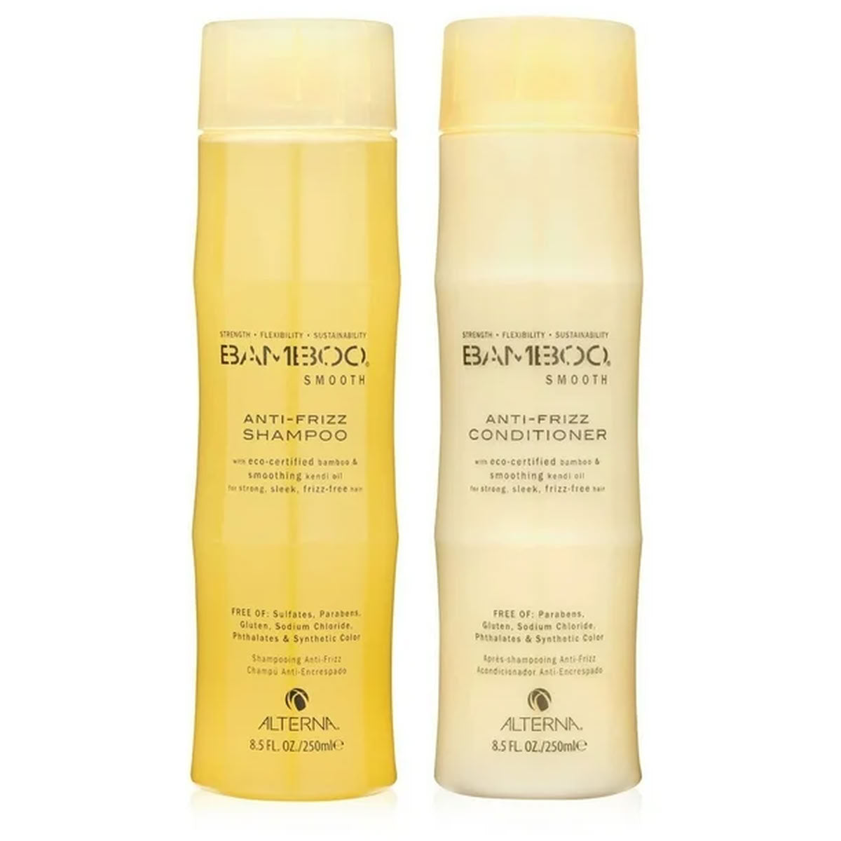 Two bottles of Alterna Bamboo Anti-Frizz Shampoo and Conditioner on a white background