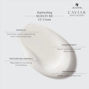 Alterna Caviar Anti-Aging Replenishing Moisture CC Cream with detailing ingredients and benefits featuring the Alterna Caviar Anti-Aging logo.