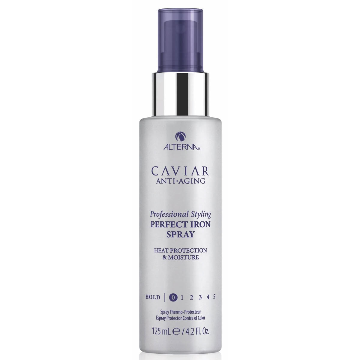 Alterna Caviar Anti-Aging Perfect Iron Spray bottle on a white background