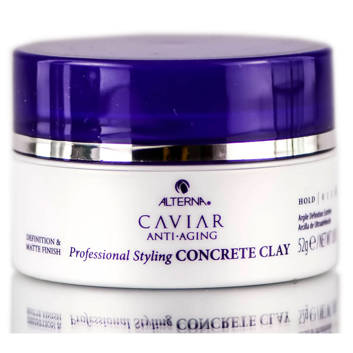 Alterna Caviar Anti-Aging Concrete Clay jar with purple lid on a white background