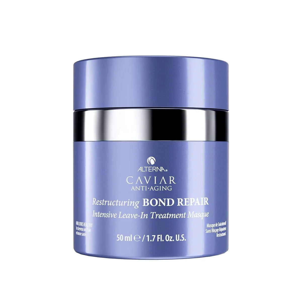 Blue jar of Alterna Caviar Anti-Aging Bond Repair treatment on a white background