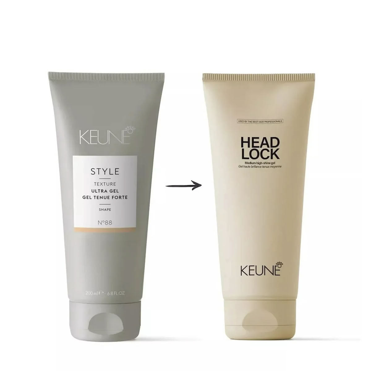 Two tubes of Keune hair products on a white background