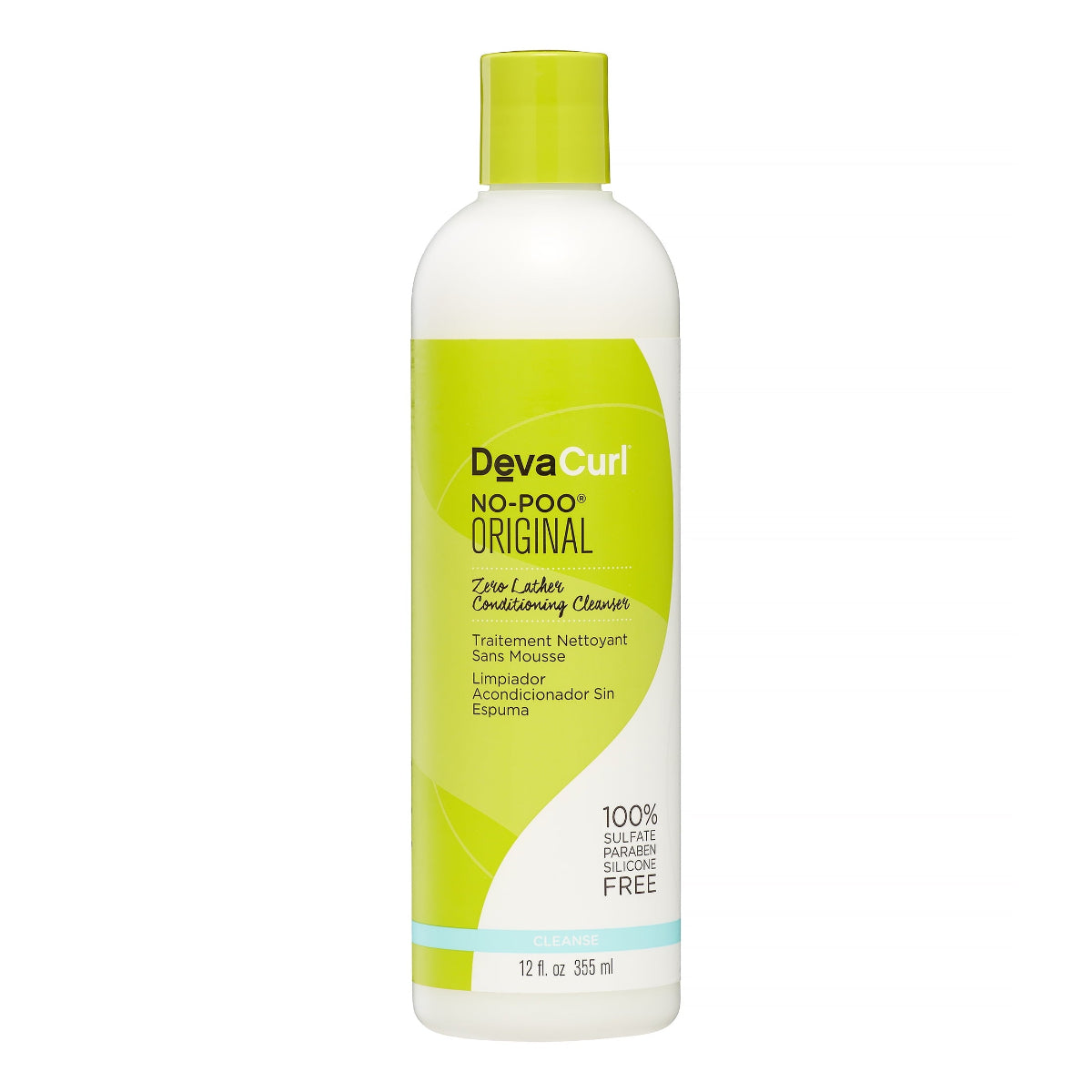 A bottle of Devacurl No-Poo Original Zero Lather Conditioning Shampoo, 12 Oz with green and white labeling.