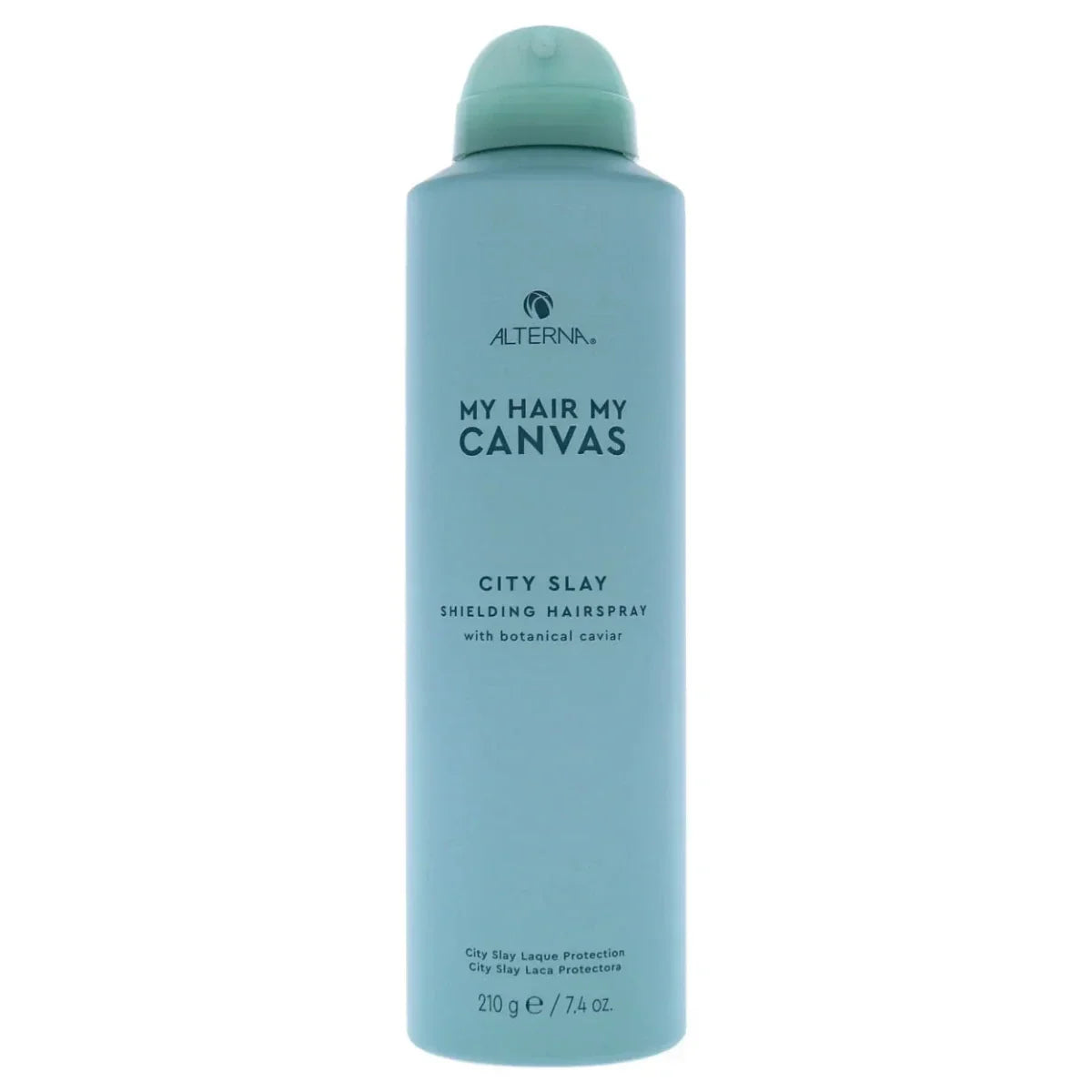 Blue hairspray bottle with 'Alterna' branding on a white background