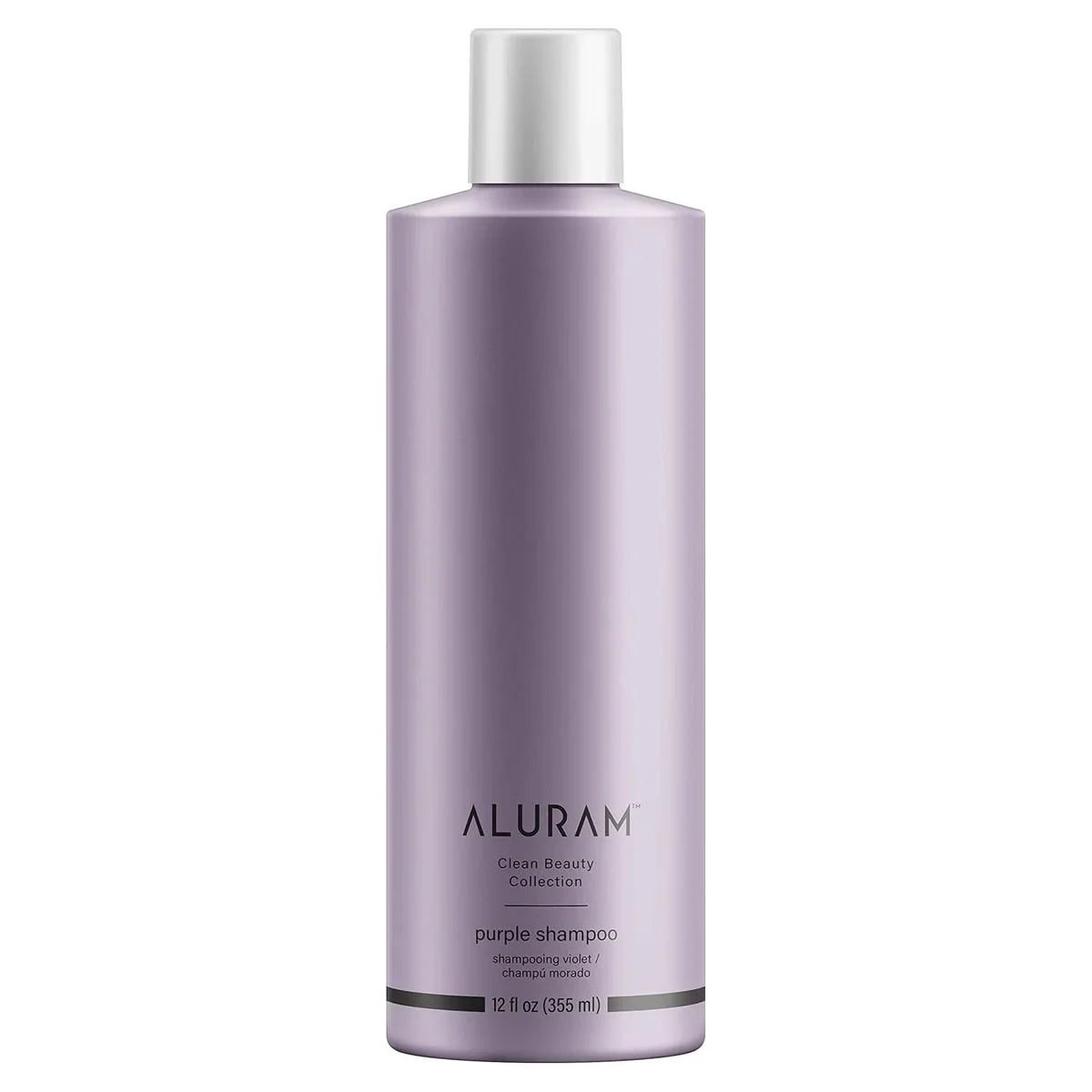 Aluram Clean Beauty Collection Purple Shampoo 12 oz bottle with white cap on a white background