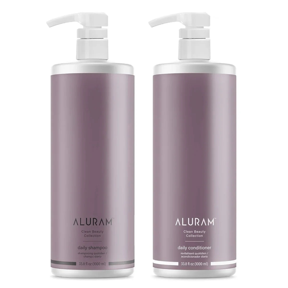 Aluram Clean Beauty Daily Shampoo and Conditioner33.8 oz bottles on a white background