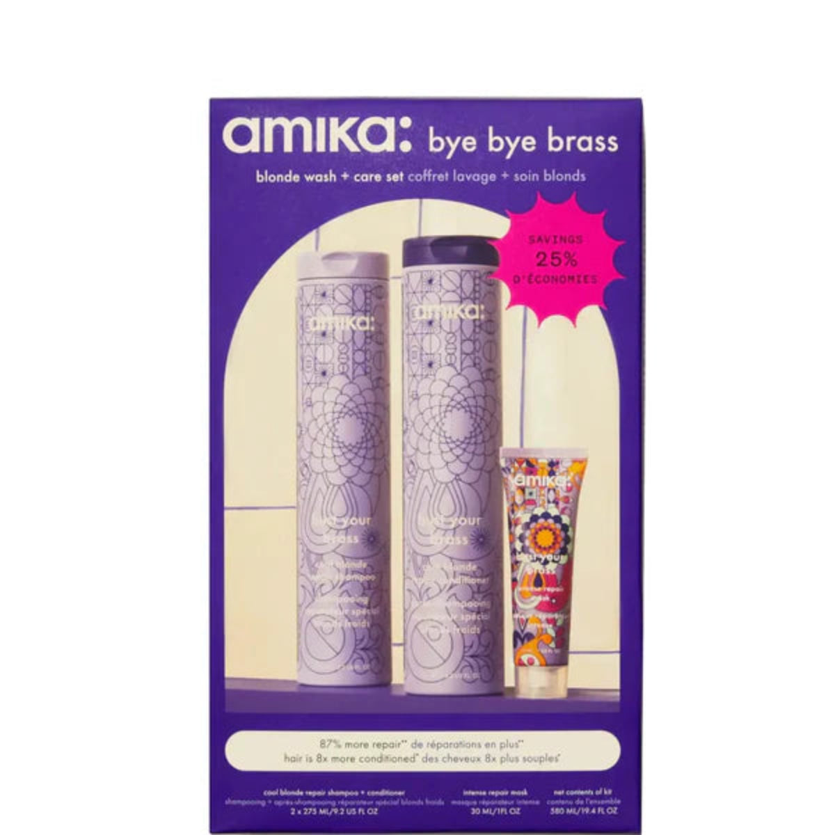 Amika bye bye brass hair care set packaging with shampoo, conditioner, and mask on a purple background