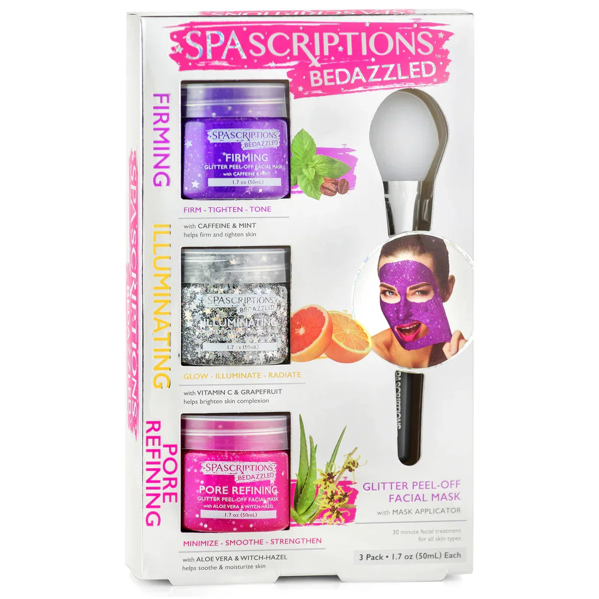 SpaScriptions facial mask set packaging with products and applicator on a white background