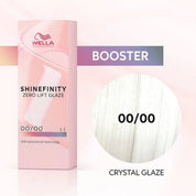 Wella Shinefinity Zero Lift Glaze Booster packaging with a white hair sample on a pink background