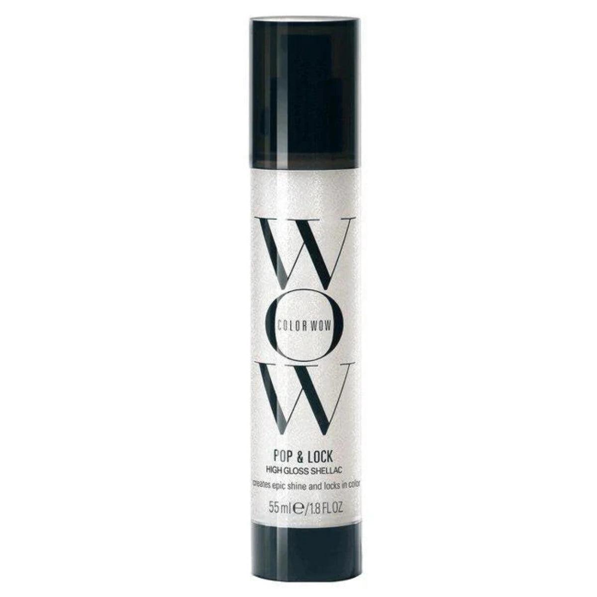 A bottle of ColorWow Pop & Lock High Gloss Hair Serum with black and white label design.