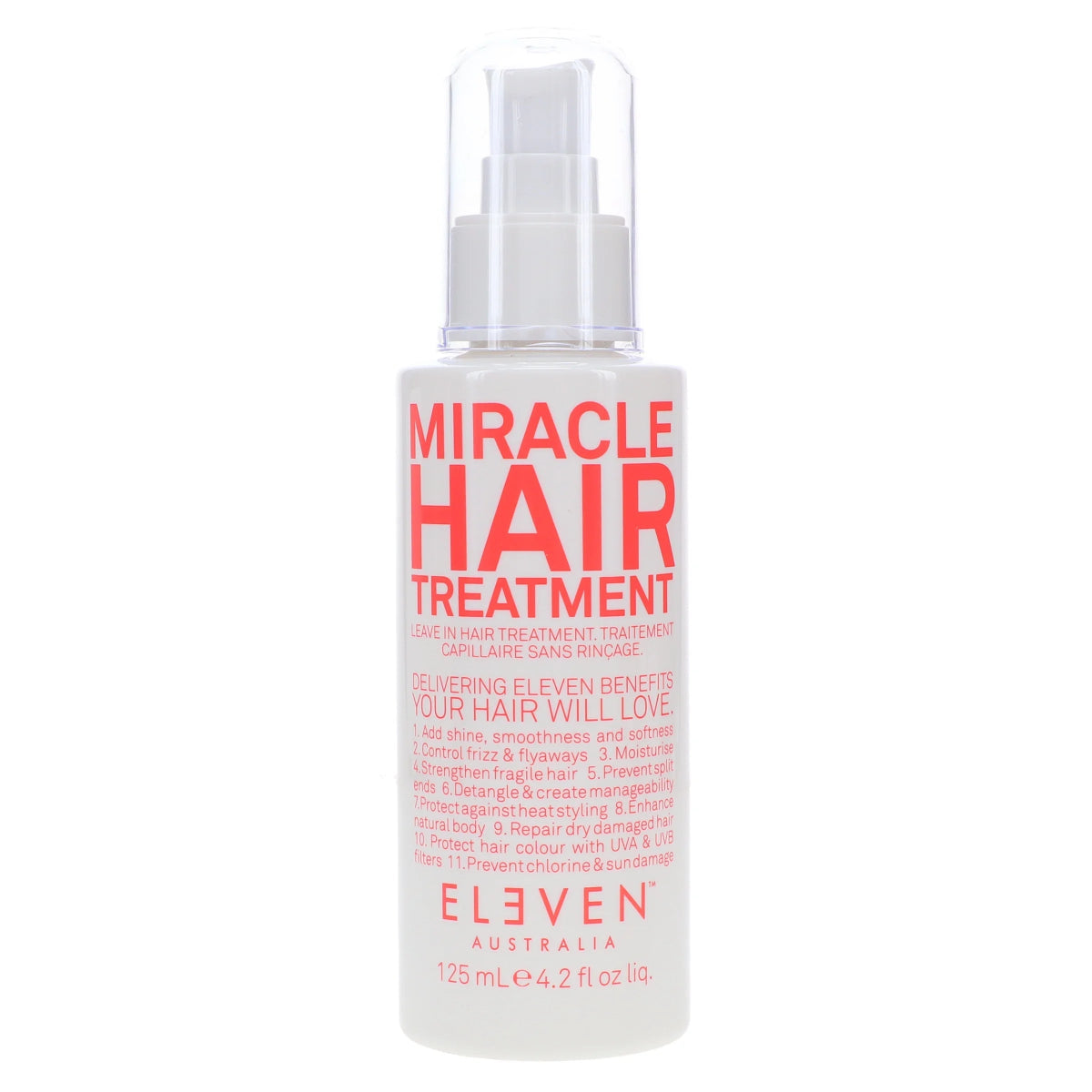 Bottle of Eleven Australia Miracle Hair Treatment on a white background